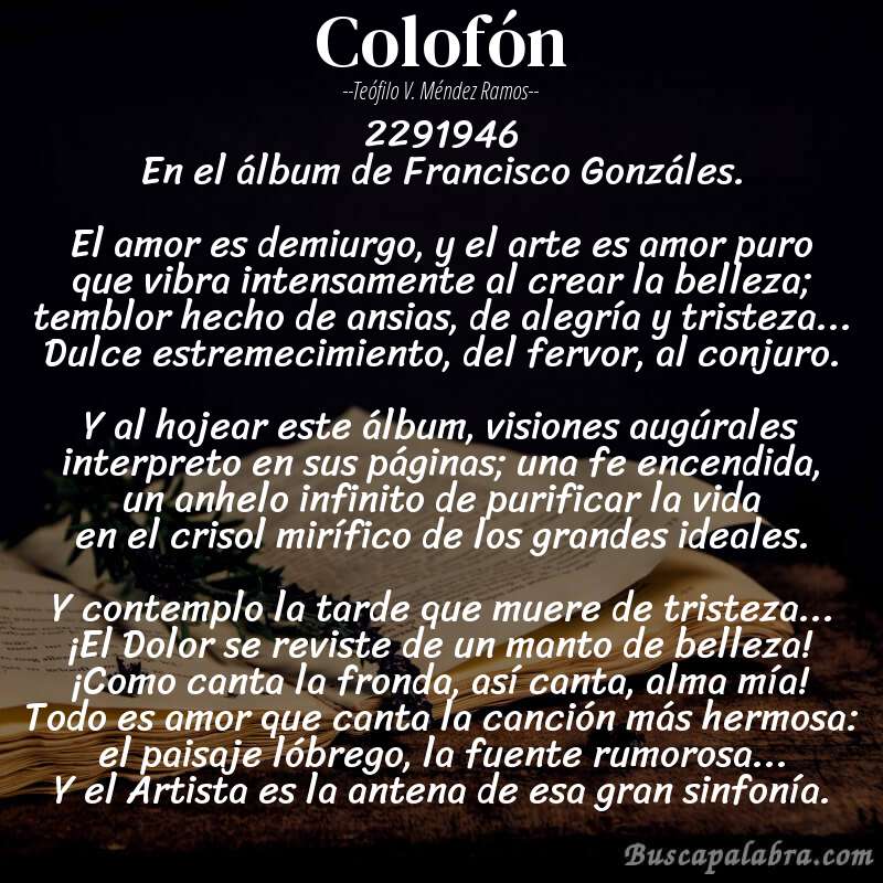 Poema Colofón de Teófilo V. Méndez Ramos con fondo de libro