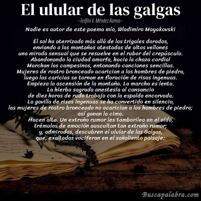 Poema El ulular de las galgas de Teófilo V. Méndez Ramos con fondo de libro