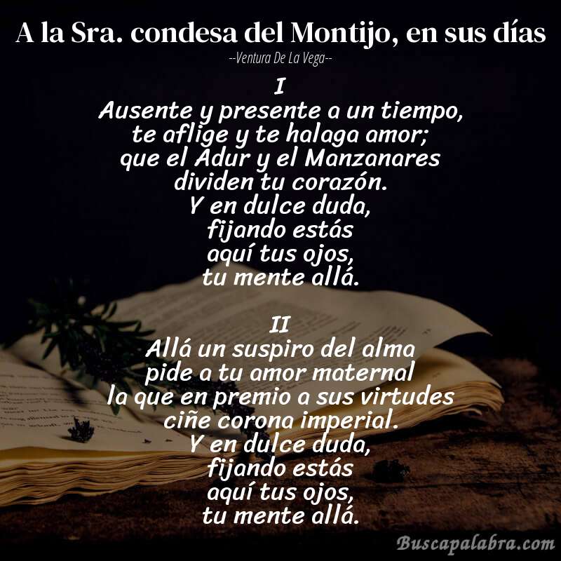Poema A la Sra. condesa del Montijo, en sus días de Ventura de la Vega con fondo de libro