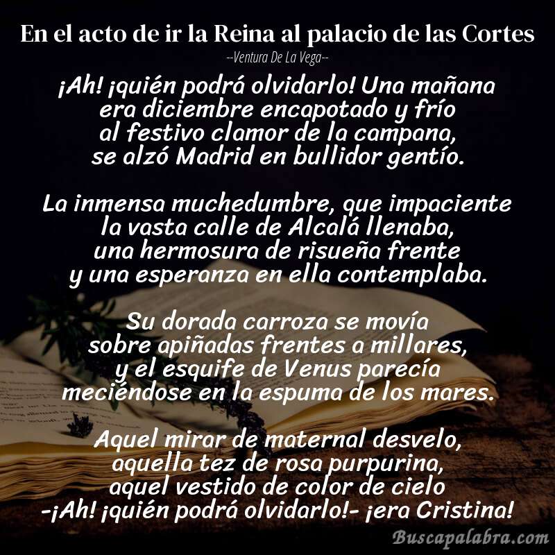 Poema En el acto de ir la Reina al palacio de las Cortes de Ventura de la Vega con fondo de libro