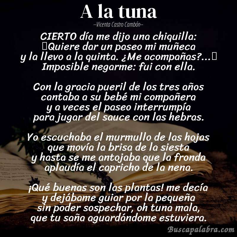 Poema A la tuna de Vicenta Castro Cambón con fondo de libro