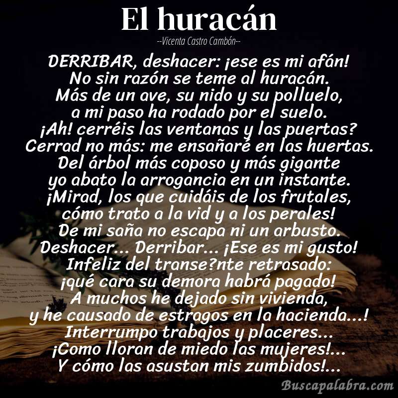 Poema El huracán de Vicenta Castro Cambón con fondo de libro