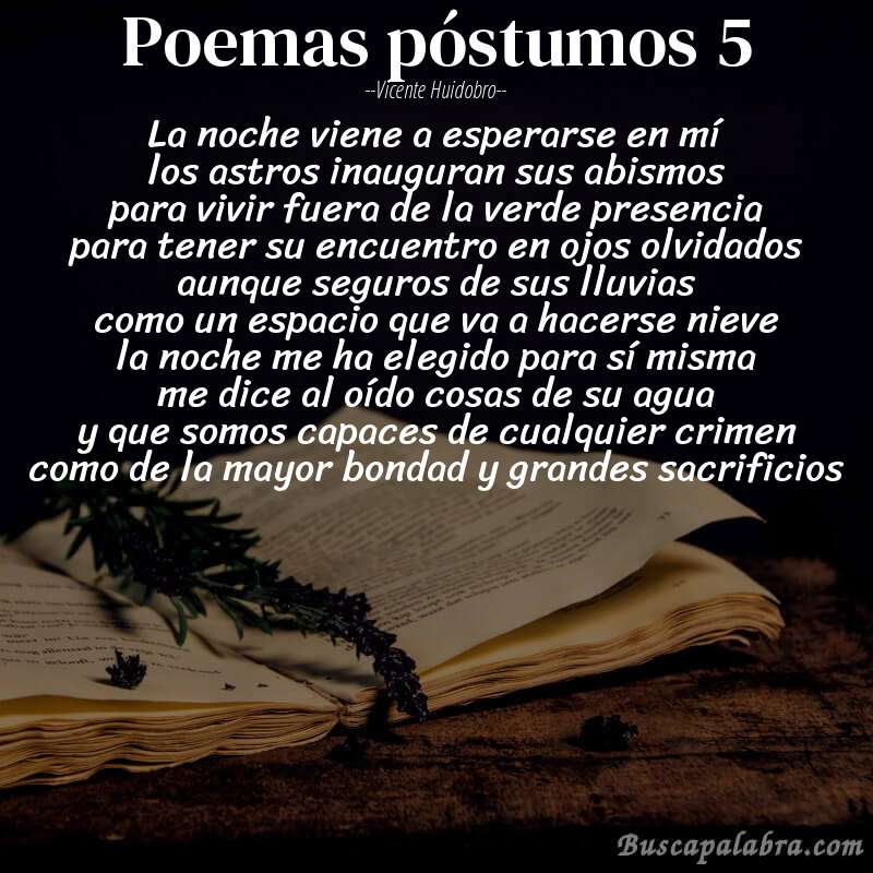 Poema poemas póstumos 5 de Vicente Huidobro con fondo de libro