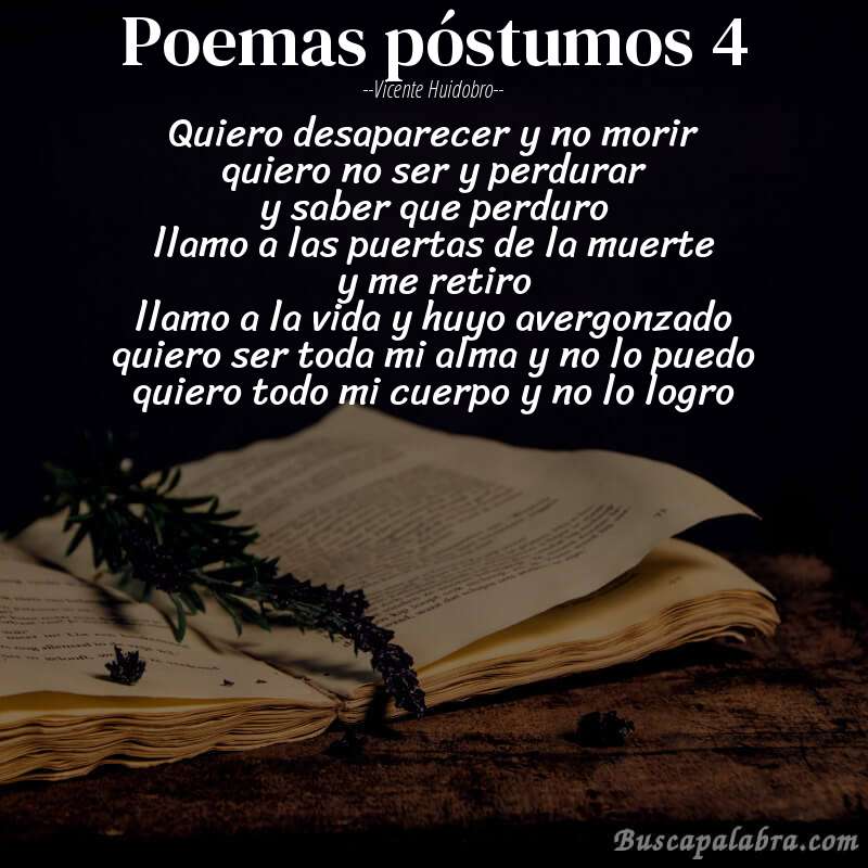 Poema poemas póstumos 4 de Vicente Huidobro con fondo de libro