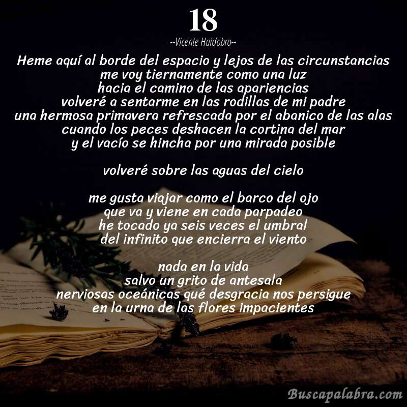 Poema 18 de Vicente Huidobro con fondo de libro