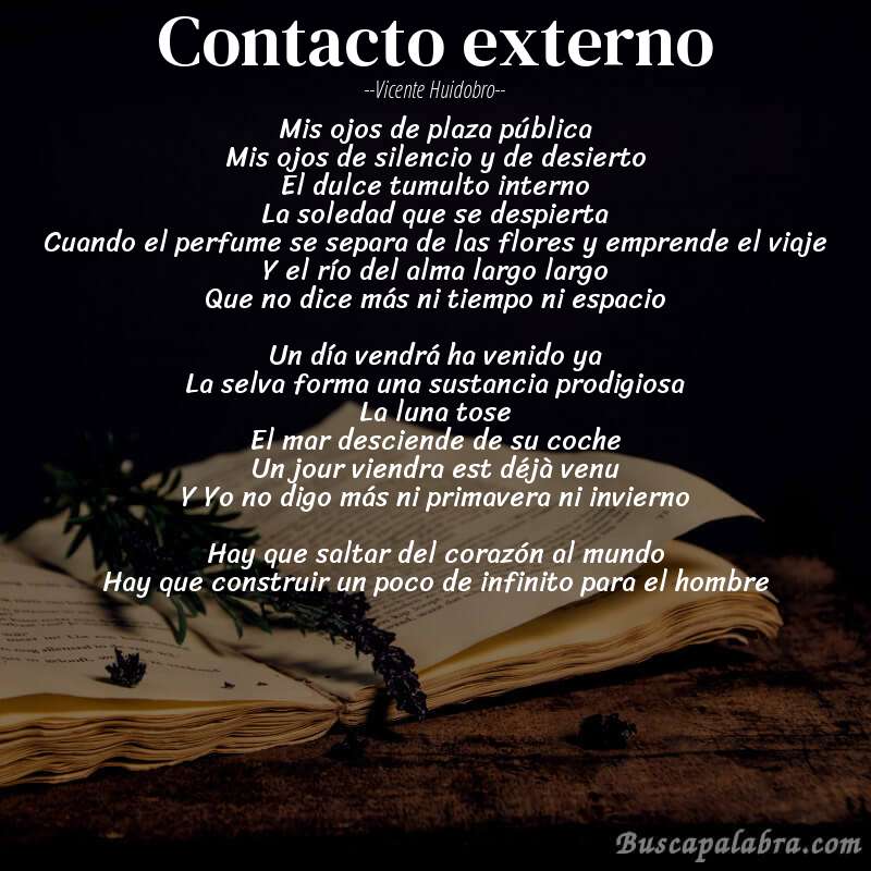 Poema Contacto externo de Vicente Huidobro con fondo de libro