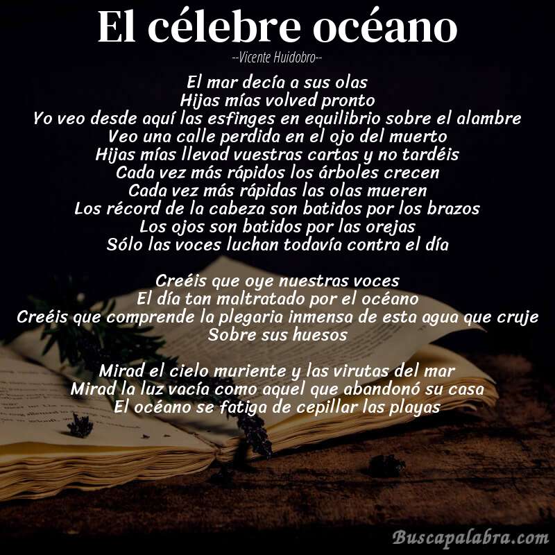 Poema El célebre océano de Vicente Huidobro con fondo de libro