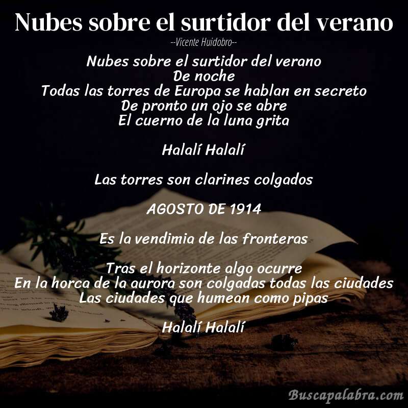 Poema Nubes sobre el surtidor del verano de Vicente Huidobro con fondo de libro