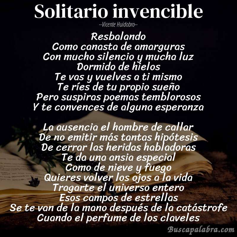 Poema Solitario invencible de Vicente Huidobro con fondo de libro