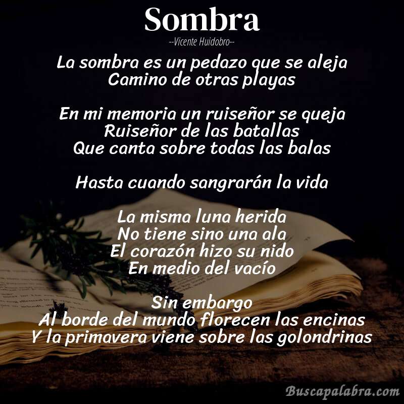 Poema Sombra de Vicente Huidobro con fondo de libro