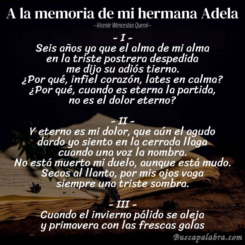 Poema A la memoria de mi hermana Adela de Vicente Wenceslao Querol con fondo de libro