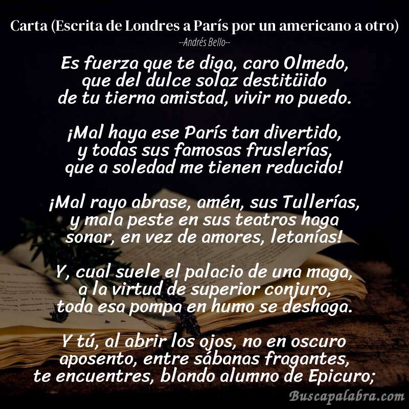Poema Carta (Escrita de Londres a París por un americano a otro) de Andrés Bello con fondo de libro
