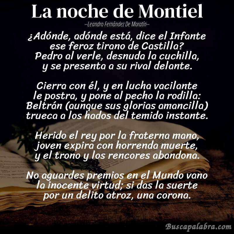 Poema La noche de Montiel de Leandro Fernández de Moratín con fondo de libro