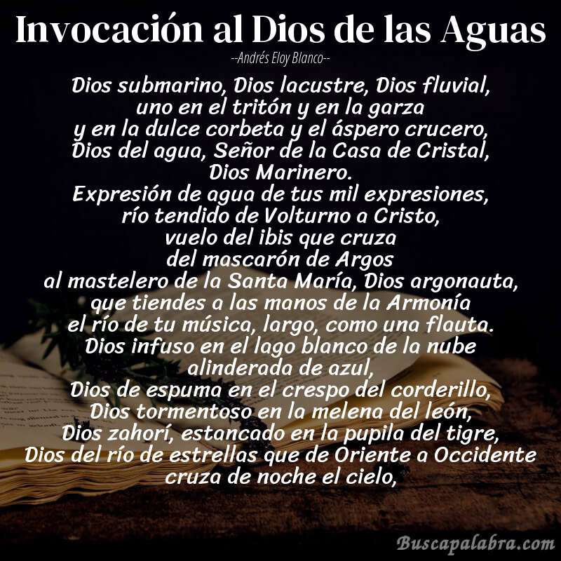 Poema Invocación al Dios de las Aguas de Andrés Eloy Blanco con fondo de libro