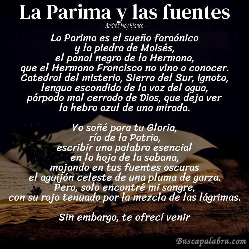 Poema La Parima y las fuentes de Andrés Eloy Blanco con fondo de libro