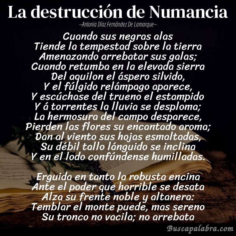 Poema La destrucción de Numancia de Antonia Díaz Fernández de Lamarque con fondo de libro