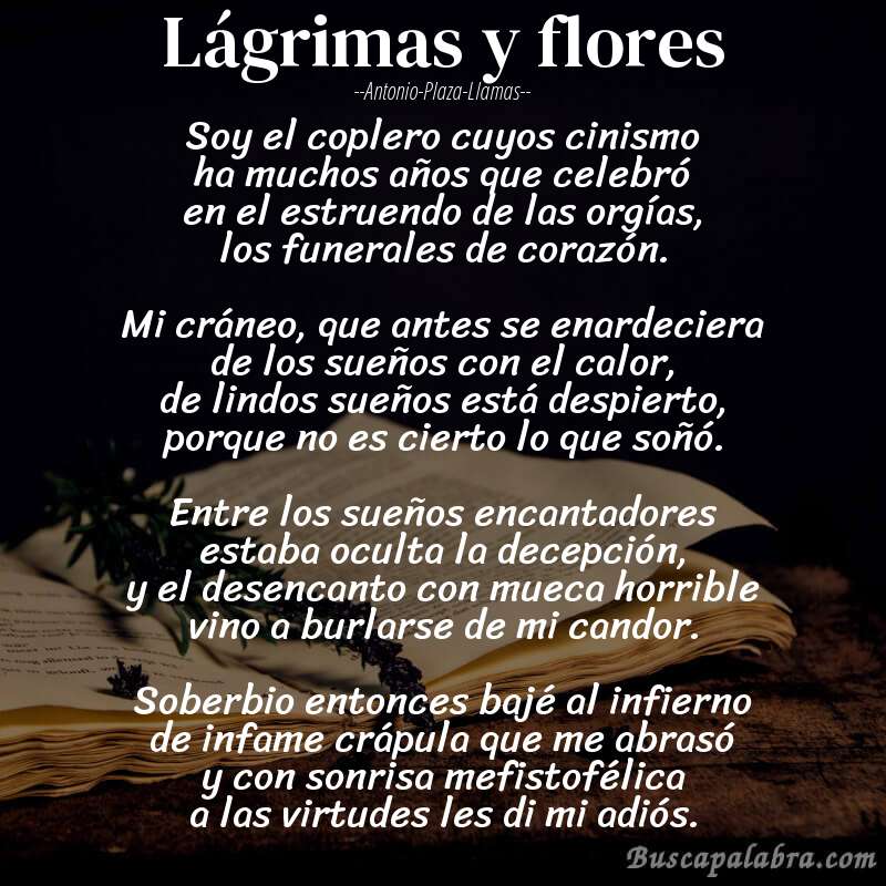 Poema lágrimas y flores de Antonio-Plaza-Llamas con fondo de libro