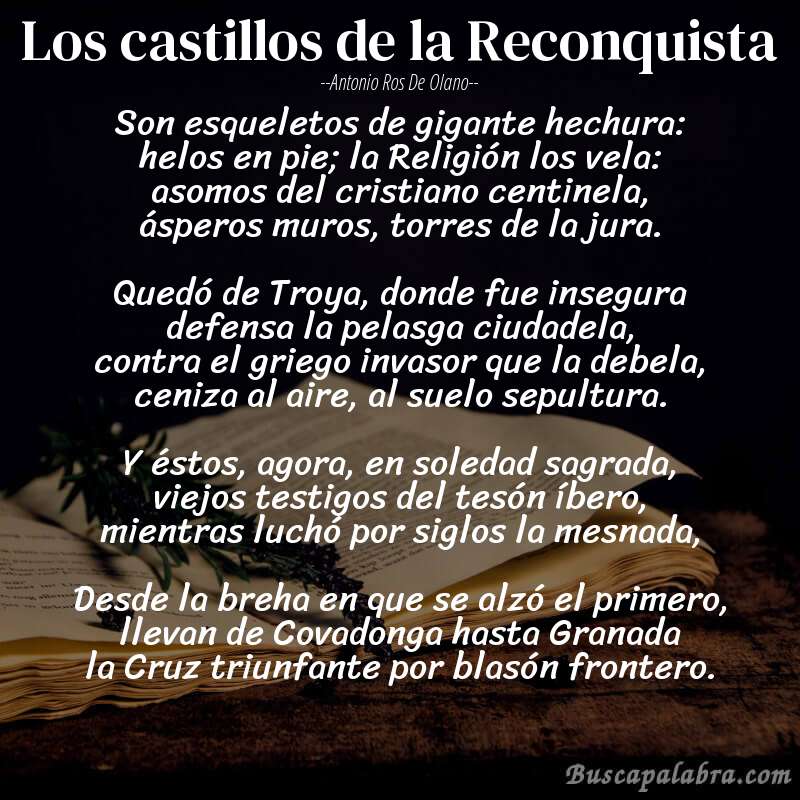 Poema Los castillos de la Reconquista de Antonio Ros de Olano con fondo de libro