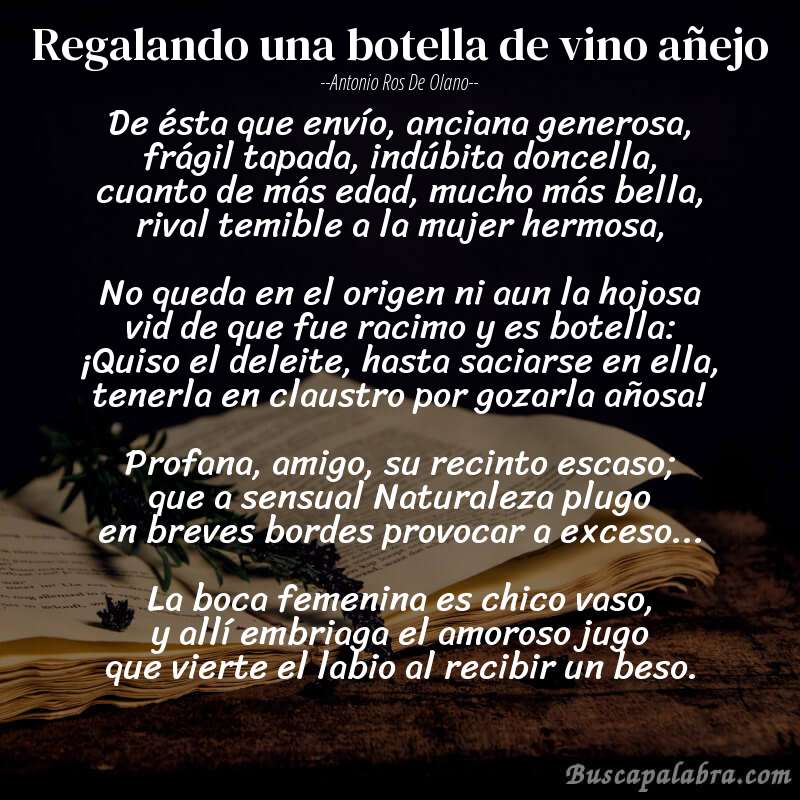 Poema Regalando una botella de vino añejo de Antonio Ros de Olano con fondo de libro