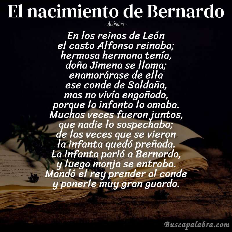 Poema El nacimiento de Bernardo de Anónimo con fondo de libro