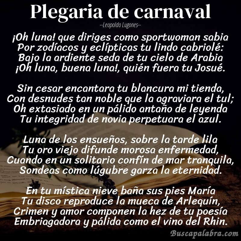 Poema Plegaria de carnaval de Leopoldo Lugones con fondo de libro