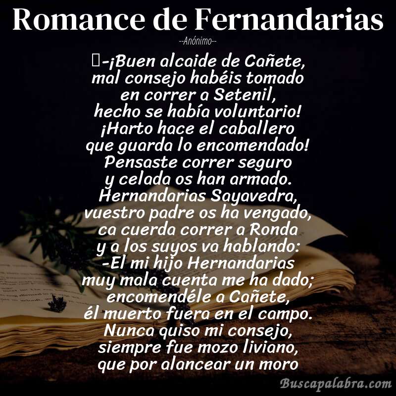 Poema Romance de Fernandarias de Anónimo con fondo de libro