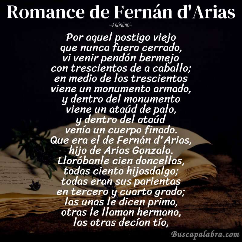 Poema Romance de Fernán d'Arias de Anónimo con fondo de libro