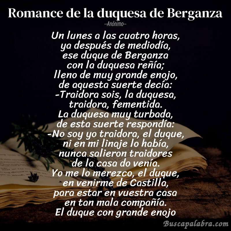 Poema Romance de la duquesa de Berganza de Anónimo con fondo de libro