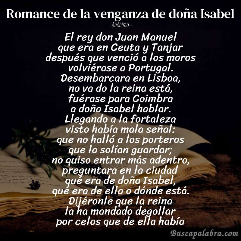 Poema Romance de la venganza de doña Isabel de Anónimo con fondo de libro