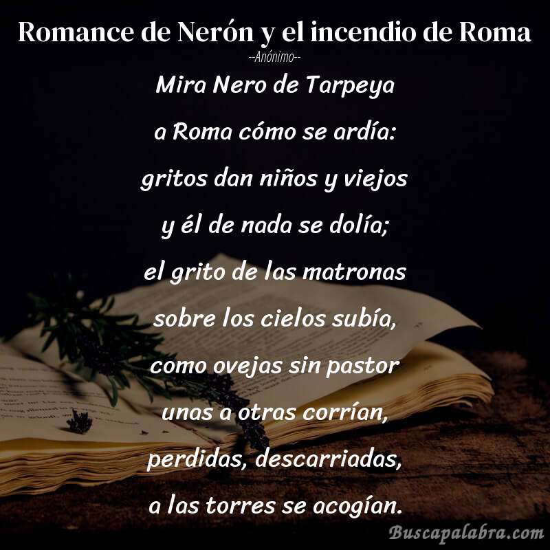Poema Romance de Nerón y el incendio de Roma de Anónimo con fondo de libro