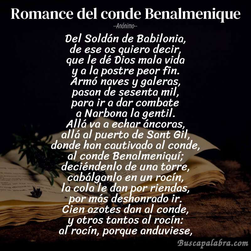 Poema Romance del conde Benalmenique de Anónimo con fondo de libro