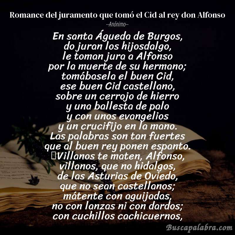 Poema Romance del juramento que tomó el Cid al rey don Alfonso de Anónimo con fondo de libro
