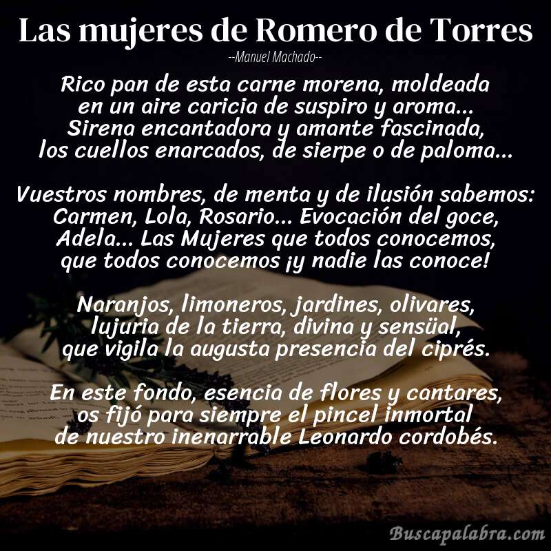 Poema Las mujeres de Romero de Torres de Manuel Machado con fondo de libro