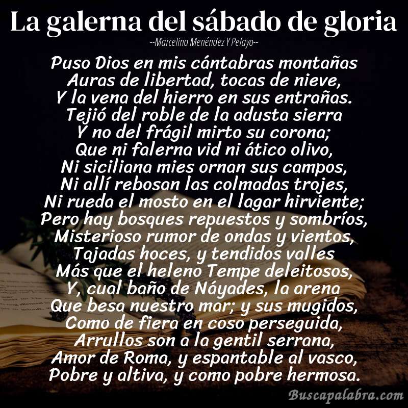 Poema La galerna del sábado de gloria de Marcelino Menéndez y Pelayo con fondo de libro