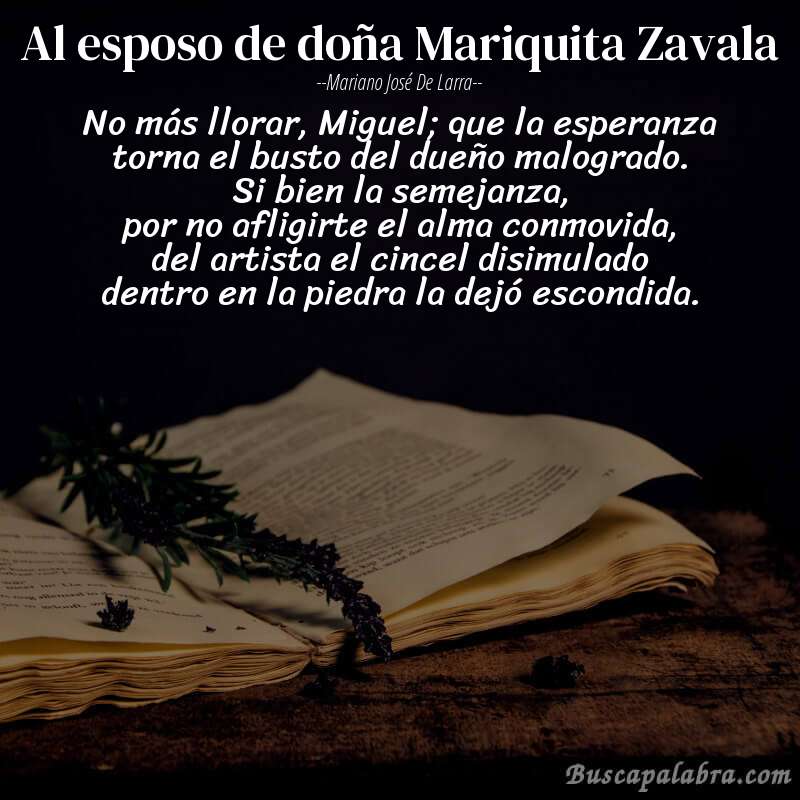Poema Al esposo de doña Mariquita Zavala de Mariano José de Larra con fondo de libro