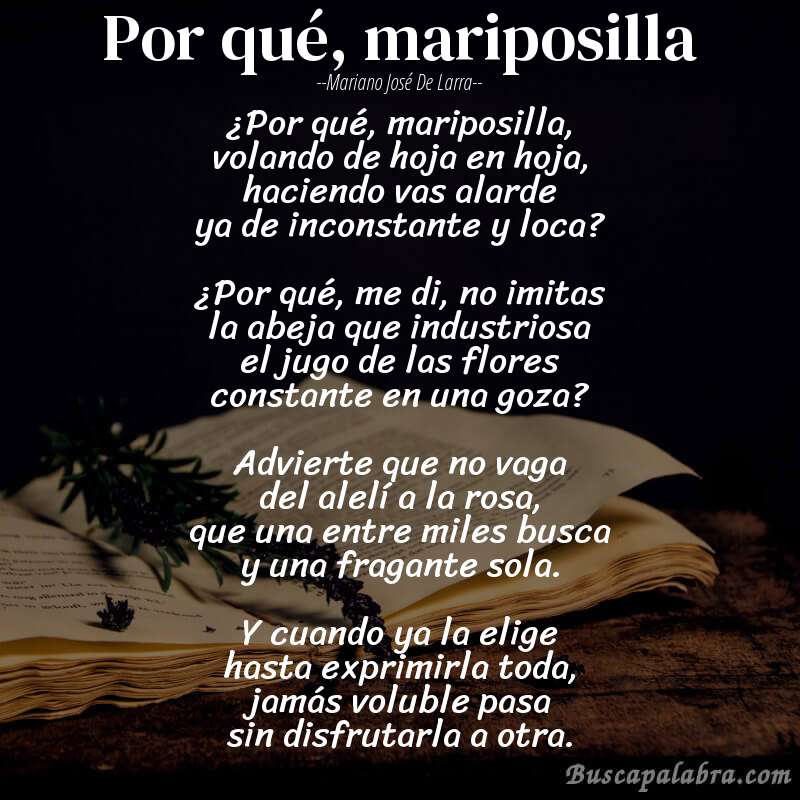Poema Por qué, mariposilla de Mariano José de Larra con fondo de libro