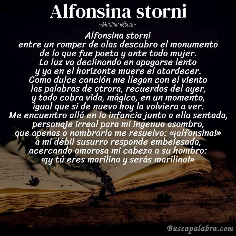 Poema alfonsina storni de Marilina Rébora con fondo de libro