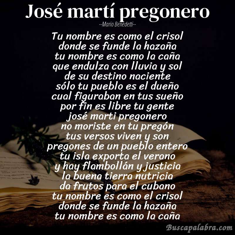 Poema josé martí pregonero de Mario Benedetti con fondo de libro