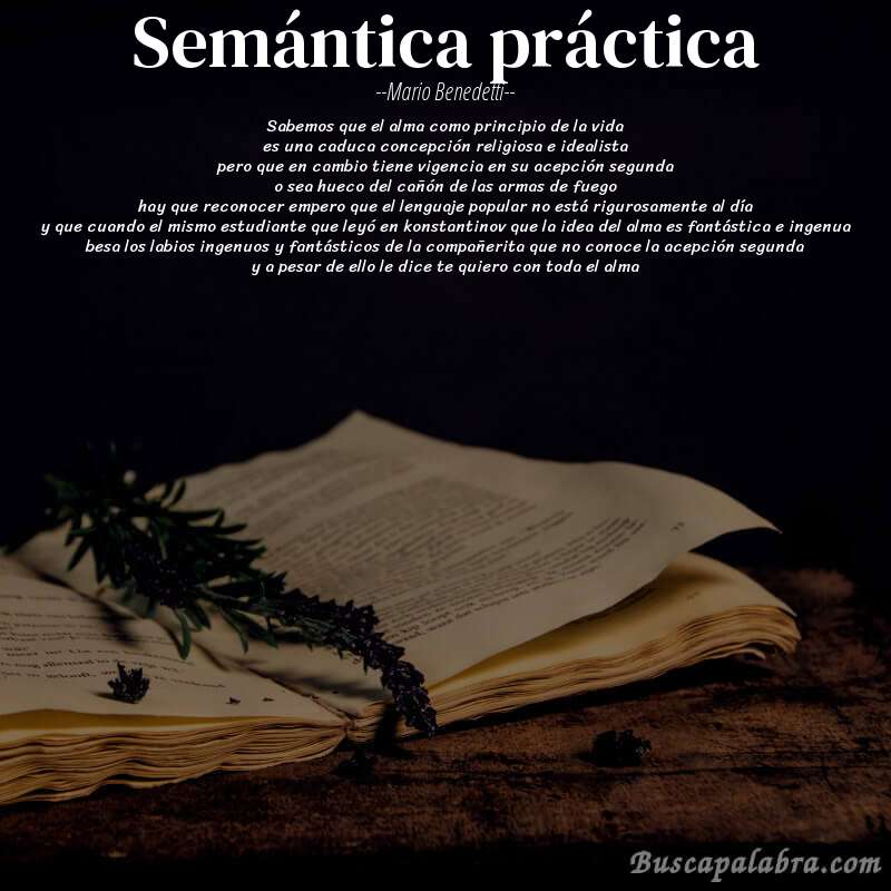 Poema semántica práctica de Mario Benedetti con fondo de libro