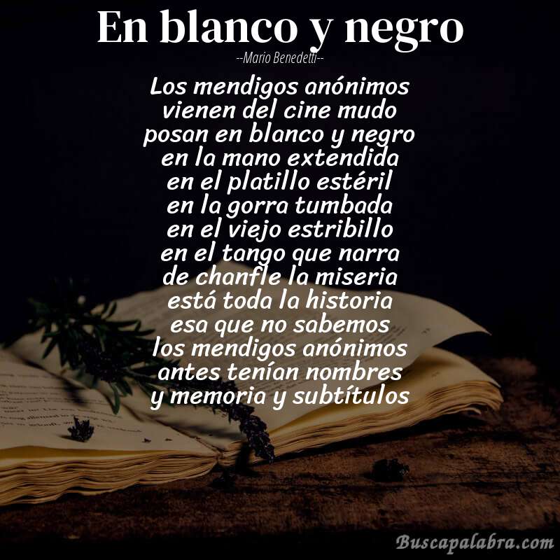 Poema en blanco y negro de Mario Benedetti con fondo de libro