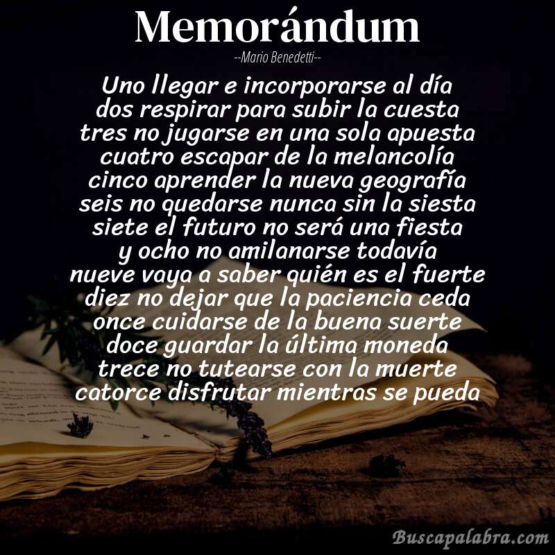 Poema memorándum de Mario Benedetti con fondo de libro