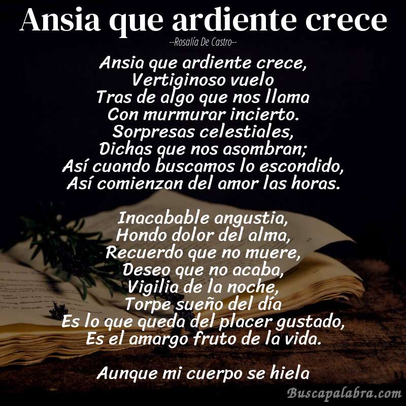 Poema Ansia que ardiente crece de Rosalía de Castro con fondo de libro