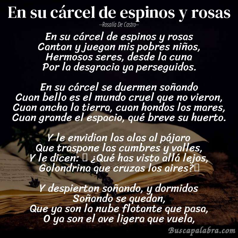 Poema En su cárcel de espinos y rosas de Rosalía de Castro con fondo de libro