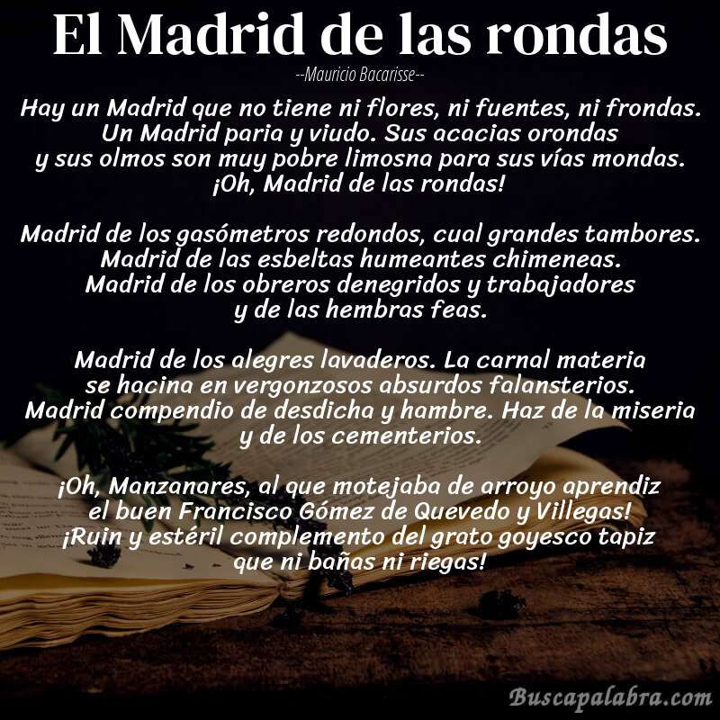 Poema El Madrid de las rondas de Mauricio Bacarisse con fondo de libro