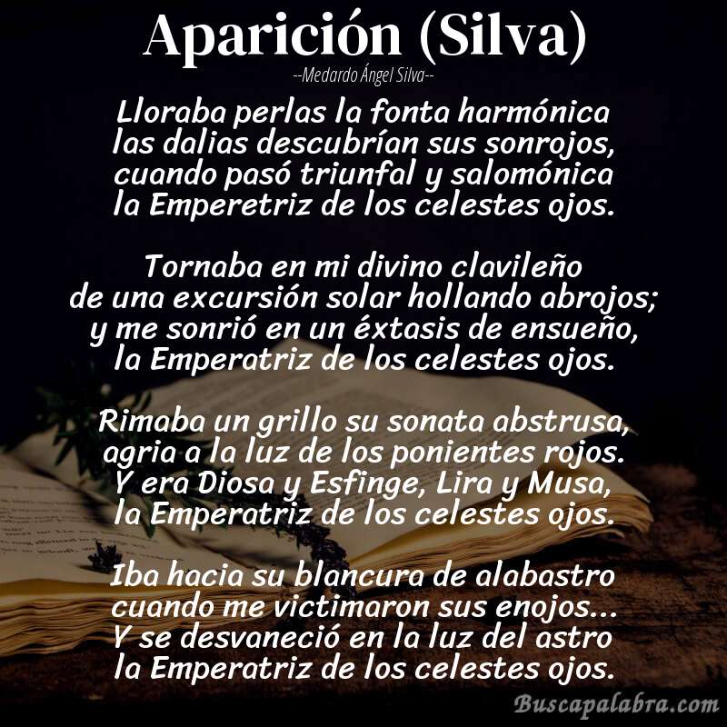 Poema Aparición (Silva) de Medardo Ángel Silva con fondo de libro