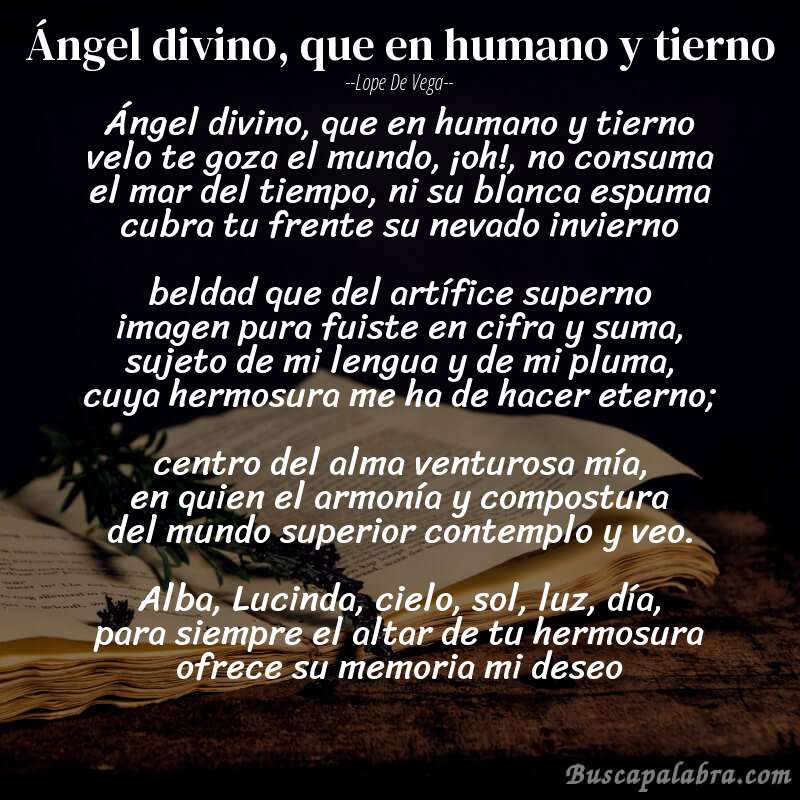 Poema Ángel divino, que en humano y tierno de Lope de Vega con fondo de libro
