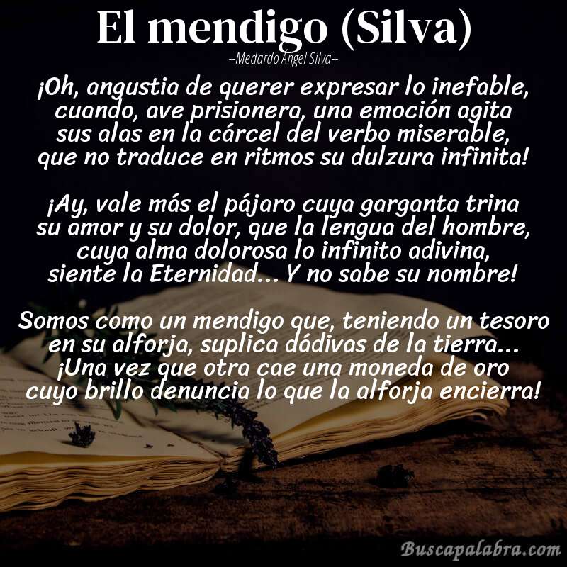 Poema El mendigo (Silva) de Medardo Ángel Silva con fondo de libro