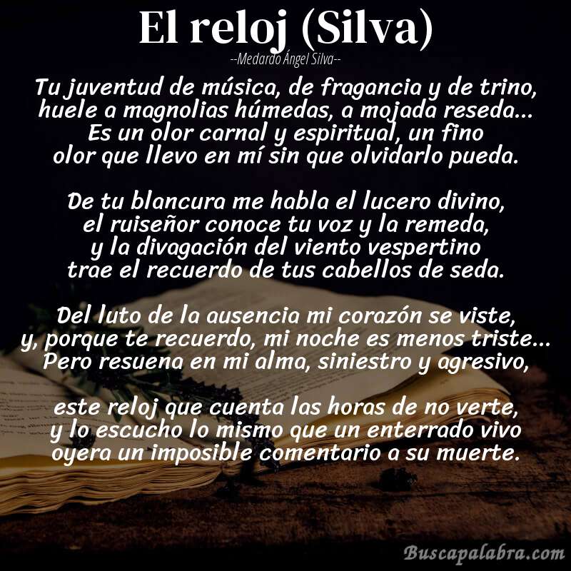 Poema El reloj (Silva) de Medardo Ángel Silva con fondo de libro