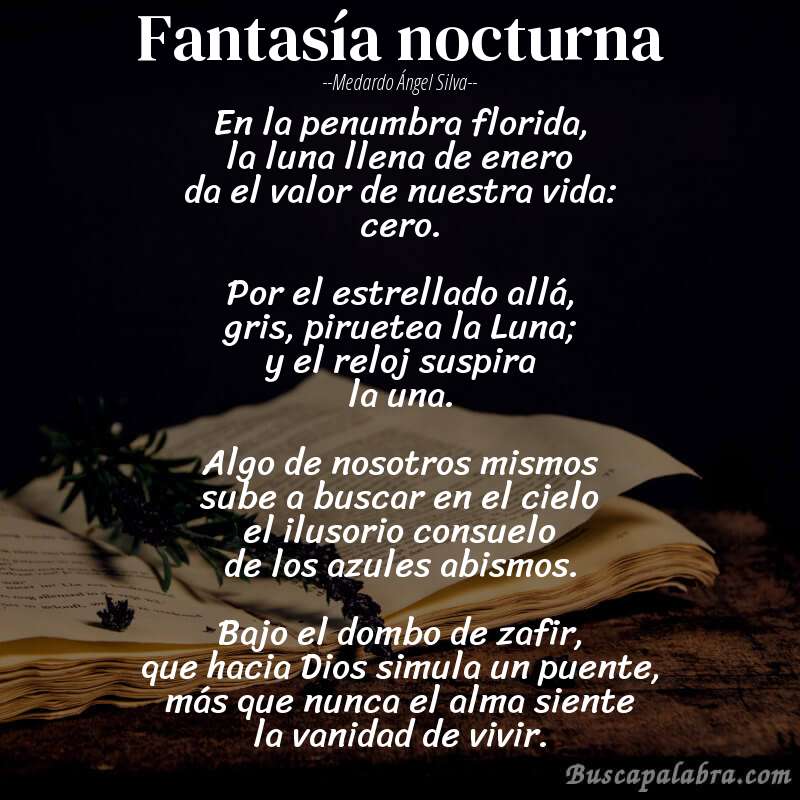 Poema Fantasía nocturna de Medardo Ángel Silva con fondo de libro