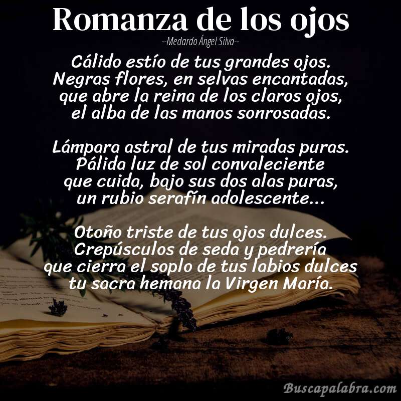Poema Romanza de los ojos de Medardo Ángel Silva con fondo de libro